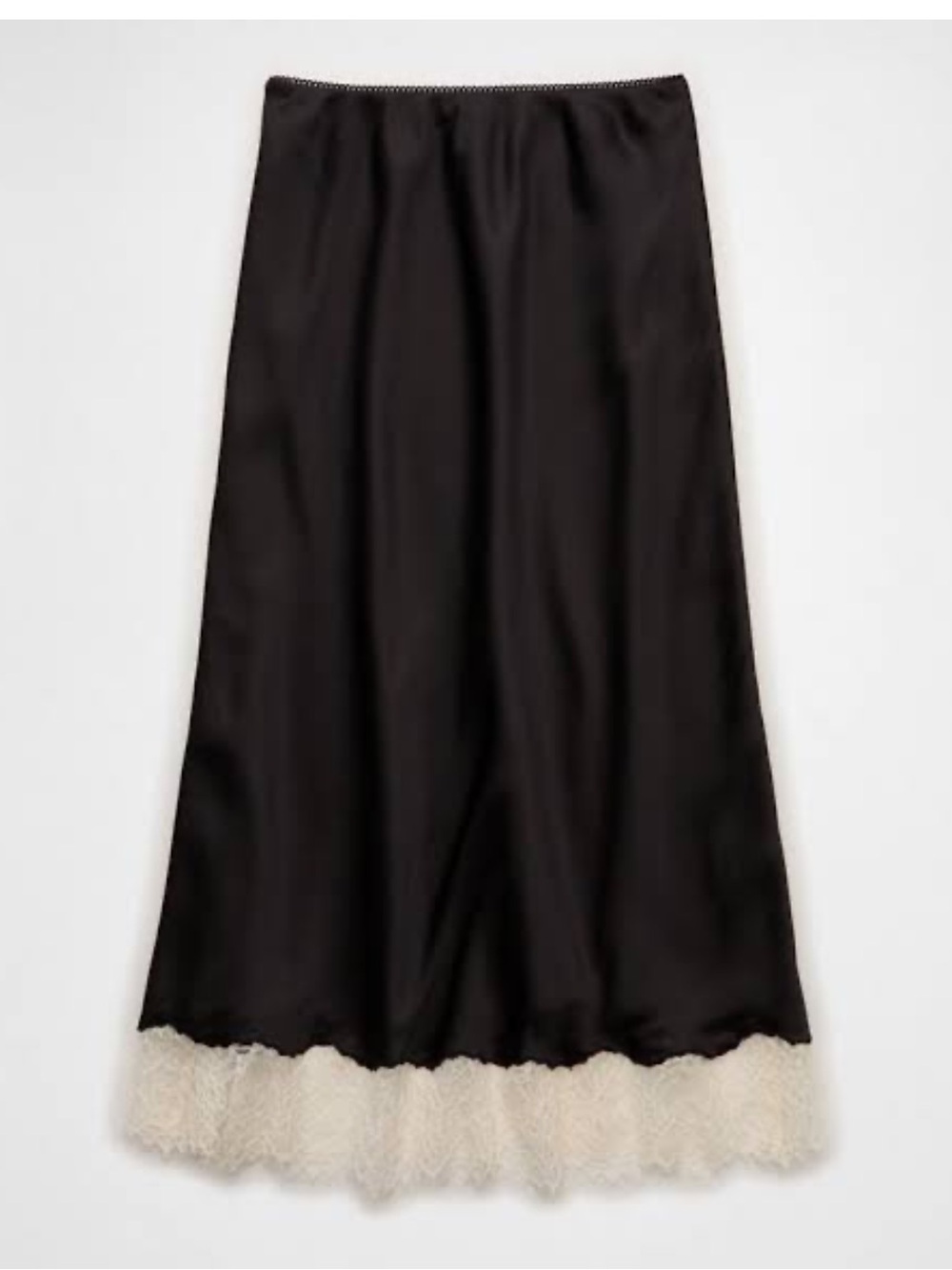 American Eagle Outfitters Black Satin Midi Slip Skirt with Cream Lace Hem